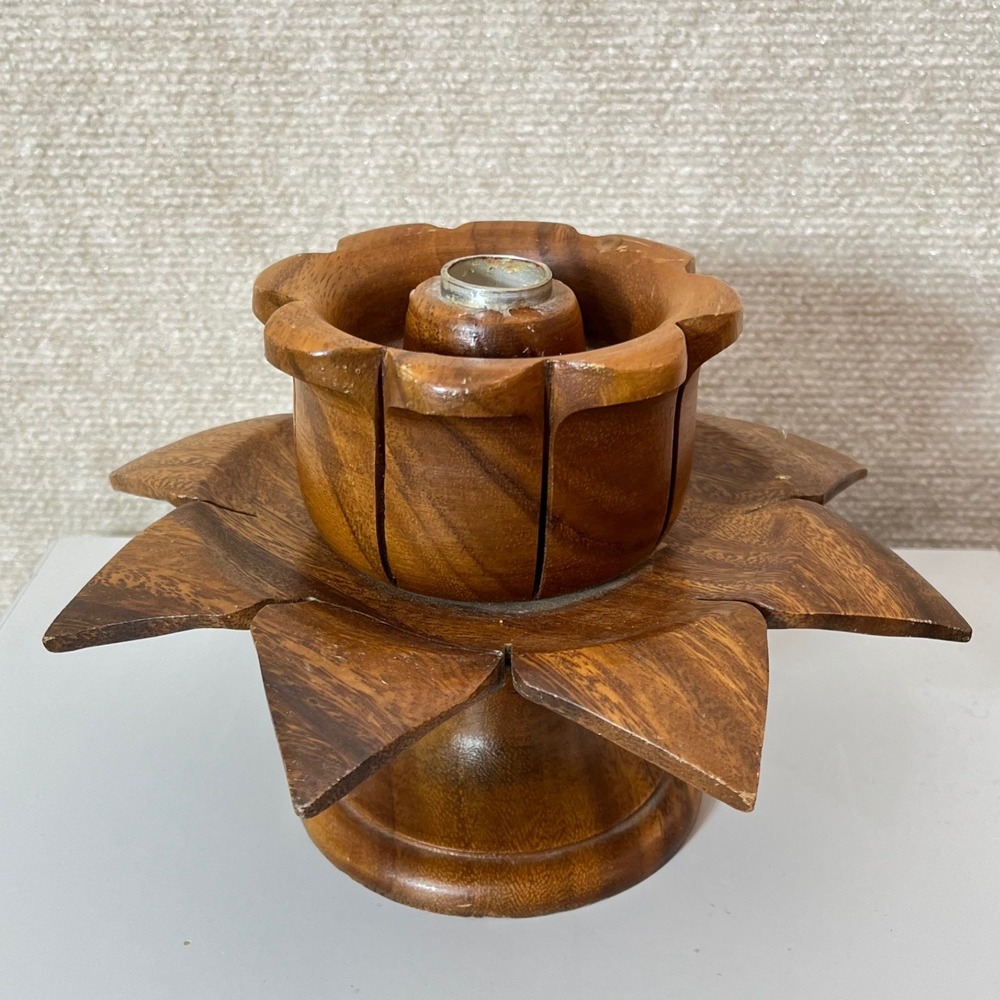 Vintage Spinning Wooden Flower‎ Pedestal Candle Holder